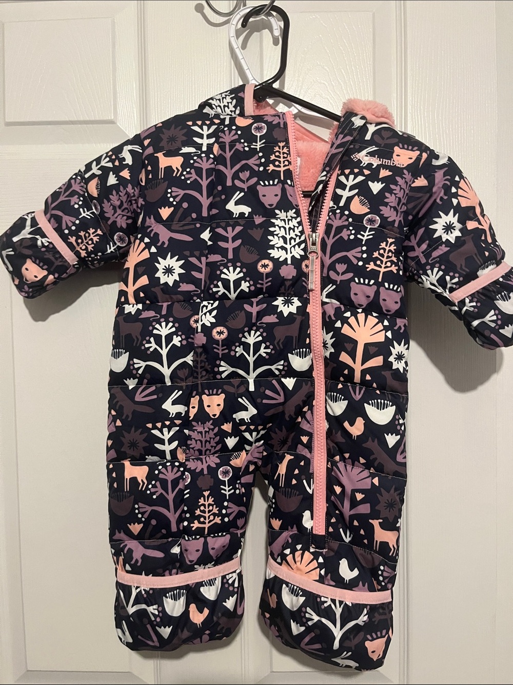 Columbia Kids One-Piece Snowsuit in Navy with Pink & Purple Forest Print